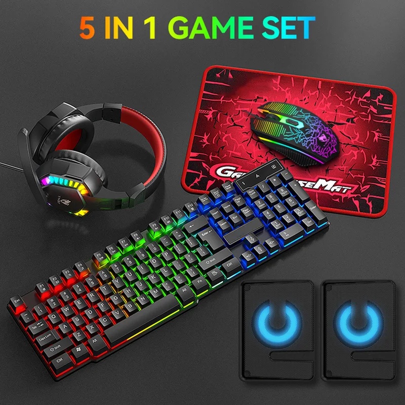Gaming Keyboard Mouse And Headset Combo - 5-in-1 Gaming-Set: Tastatur mit 4-Farben-Beleuchtung, Maus,
