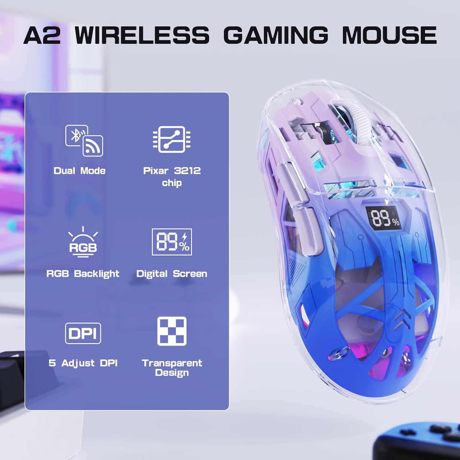 Gaming Keyboard Mouse And Headset Combo - A2 Transparente kabellose Gaming-Maus, BT 5.0/2,4